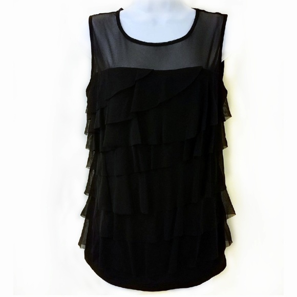 INC International Concepts Tops - INC Tier Ruffle Illusion Tank Top Stretch Black L